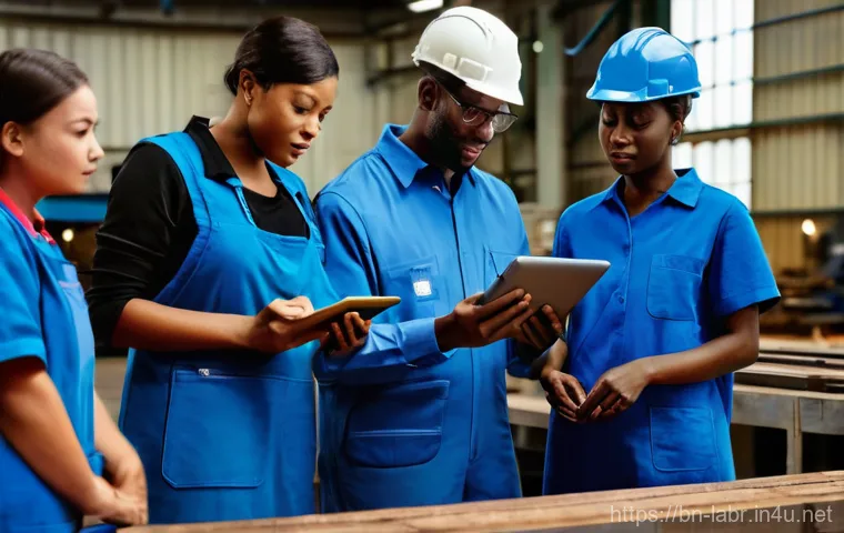 공인노무사 커뮤니티 활용법 - **Prompt:** A diverse group of factory workers, including men and women of various ages, attentively...