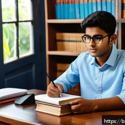 노무사 2차 실무 시험 준비 - A detailed study scene featuring a young Bengali student sitting at a wooden desk filled with neatly...