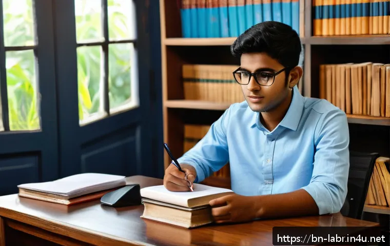 노무사 2차 실무 시험 준비 - A detailed study scene featuring a young Bengali student sitting at a wooden desk filled with neatly...