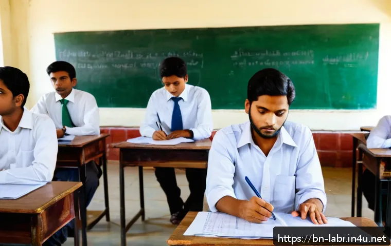 노무사 시험 기출문제 분석 - A detailed, realistic classroom scene in Bangladesh with diverse Bengali students attentively taking...