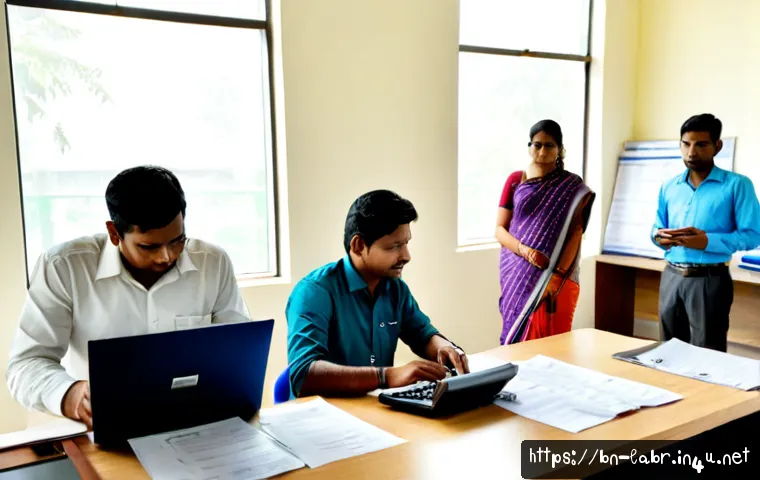 노무사 실무 관련 필수 지식 - Photorealistic labor law consultant in a modern Bangladesh office, carefully reviewing employee cont...