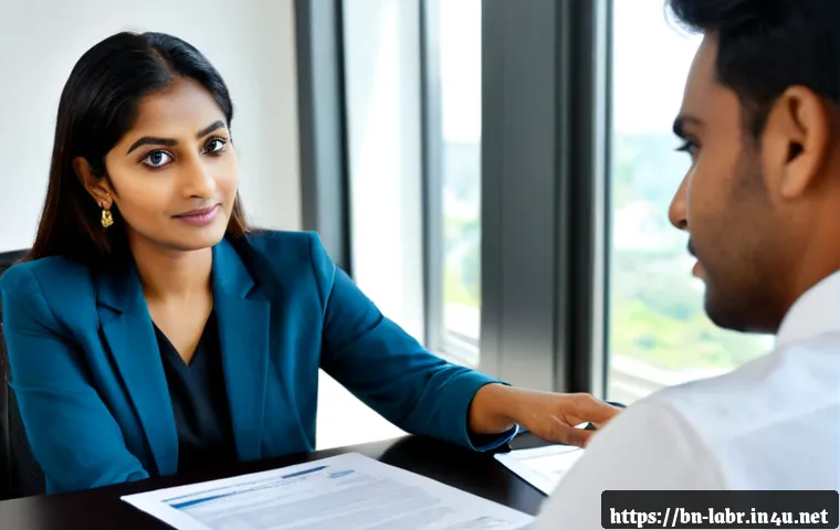 공인노무사로서의 커뮤니케이션 스킬 - Photorealistic workplace consultation, a professional South Asian labor relations specialist in form...